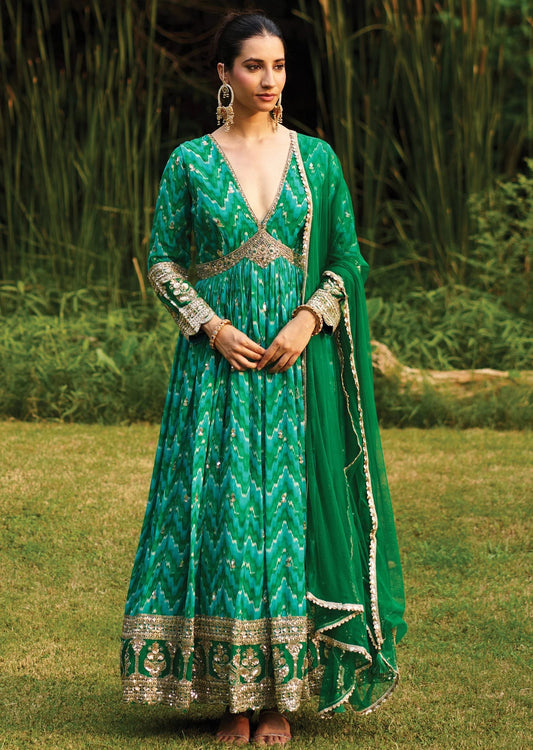 Rama Green Chinnon Anarkali Suit