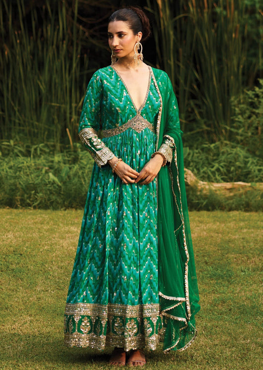 Rama Green Chinnon Anarkali Suit
